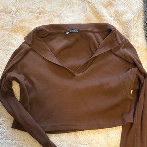 Zara Brown Ribbed V-Neck Cropped Top